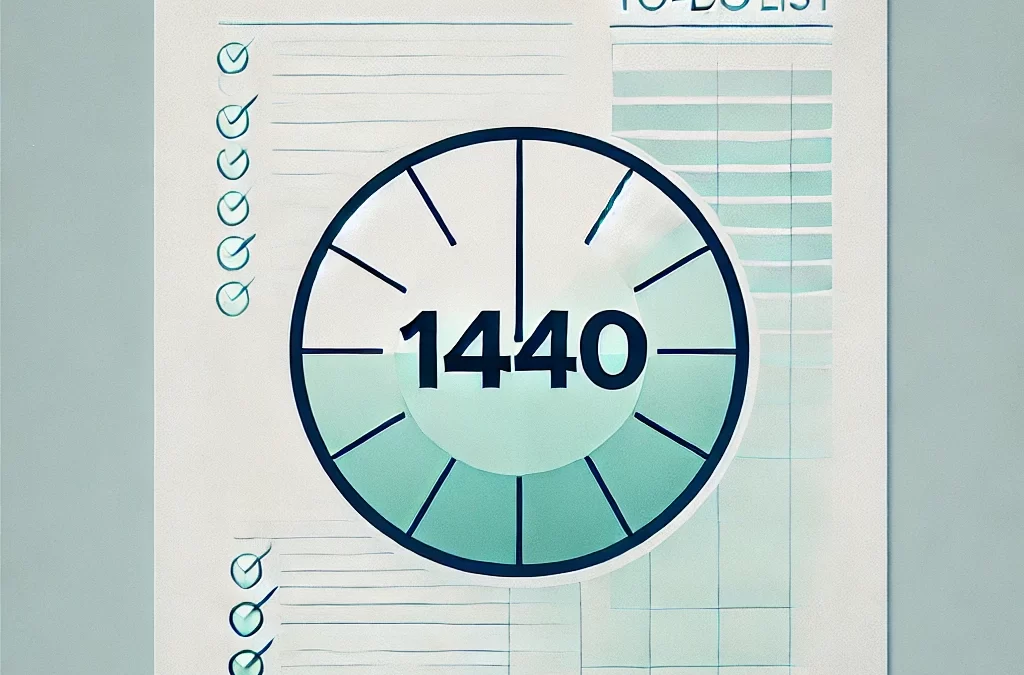 A simple clock with "1440" at its center, against a minimal background of a to-do list and calendar, representing the 1440 concept of time management.