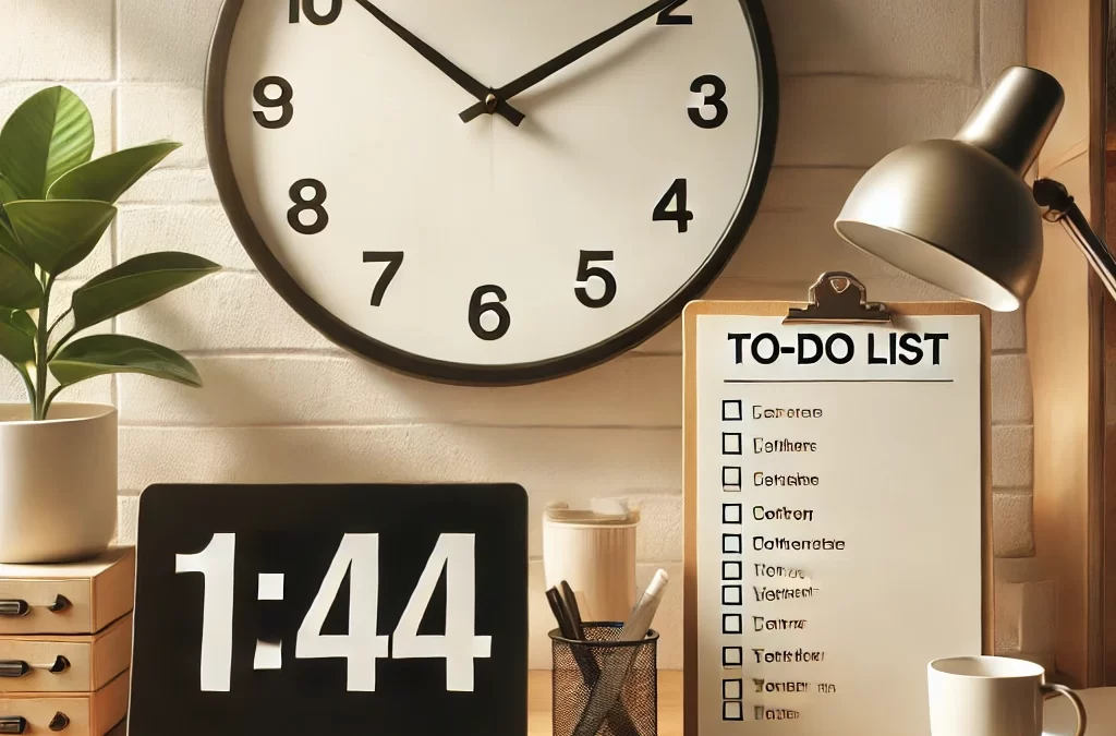 A clean, organized workspace with a clock showing 1:44, symbolizing 1,440 minutes in a day. A completed to-do list is next to a laptop, with a coffee mug, pen, and plant, creating a calm and productive atmosphere.