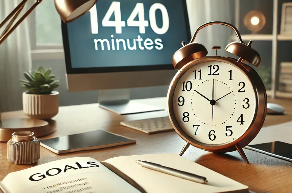 Organized workspace with a clock showing 1440 minutes, symbolizing time management and mastering your 1440 minutes.