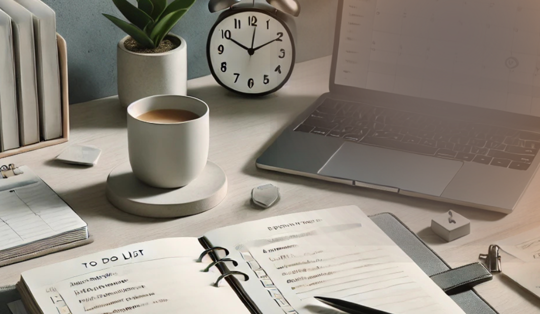 Organized workspace with a to-do list, laptop, clock, and coffee, symbolizing focus and productivity for mastering prioritization using the G.O.A.L.S. method.