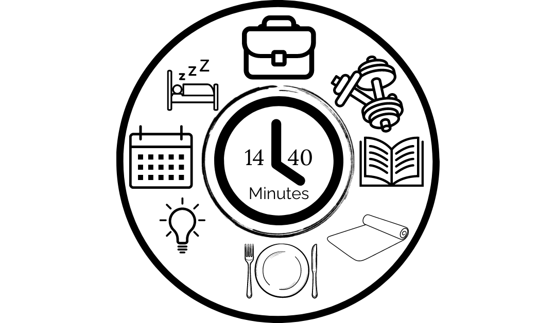 Clock showing 1440 minutes with icons for daily activities like work, exercise, sleep, planning, and creativity.