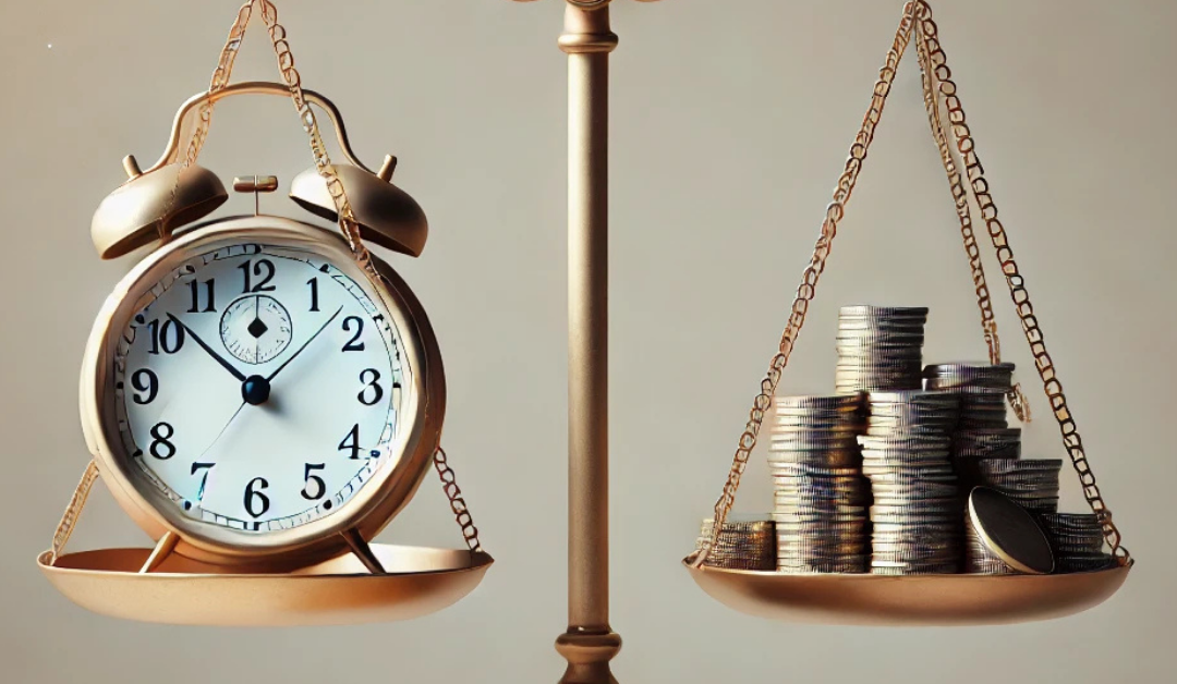 Balanced scale with a clock on one side and a pile of coins on the other, symbolizing the balance between time and money.